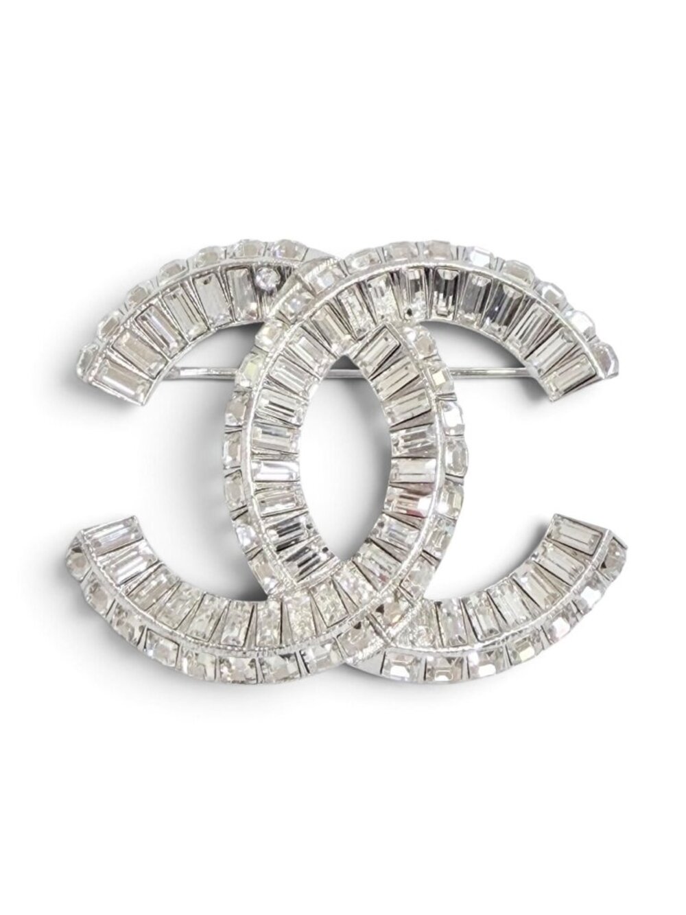 Chanel CC Logo Rhinestone Crystal Bijou Brooch Silver